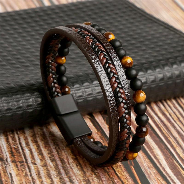 Boho Men's Bracelet | Handmade Tiger Eye & Leather Bracelet | Multilayer Bracelet