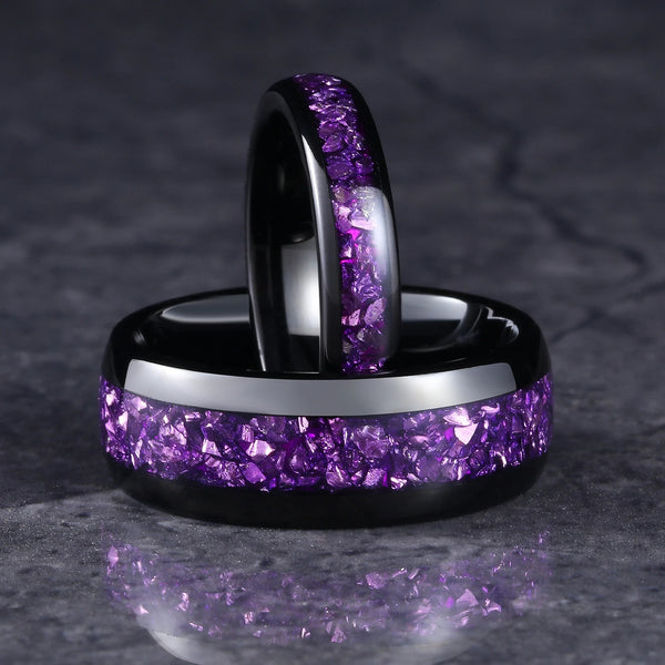 4mm & 8mm Amethyst Black Tungsten Ring | Wedding & Engagement Band for Him & Her
