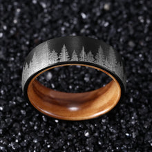 Pine Forest Tungsten Carbide Ring with Whisky Barrel Wood Inlay | Comfort Fit Custom Engraved Wedding & Anniversary Band