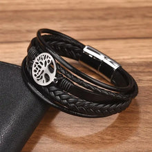 Tree Charm Leather Bracelet for Men – Tree of Life Black Bracelet | Stainless Steel Magnetic Clasp | Perfect Men's Gift