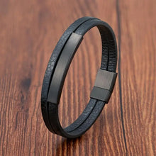 Men's Black Genuine Leather Bracelet with Stainless Steel Insert | Double-Layer Braid Bangle | Stylish Gift for Men