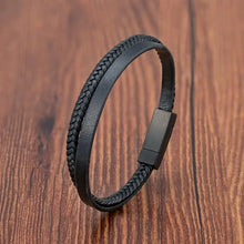 Men's Black Genuine Leather Bracelet with Stainless Steel Insert | Double-Layer Braid Bangle | Stylish Gift for Men