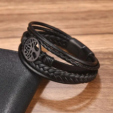 Tree Charm Leather Bracelet for Men – Tree of Life Black Bracelet | Stainless Steel Magnetic Clasp | Perfect Men's Gift