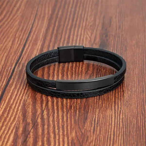 Men's Black Genuine Leather Bracelet with Stainless Steel Insert | Double-Layer Braid Bangle | Stylish Gift for Men