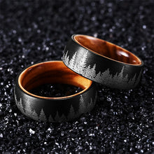 Pine Forest Tungsten Carbide Ring with Whisky Barrel Wood Inlay | Comfort Fit Custom Engraved Wedding & Anniversary Band