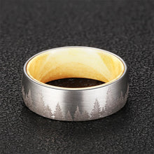 Pine Forest Tungsten Carbide Ring with Whisky Barrel Wood Inlay | Comfort Fit Custom Engraved Wedding & Anniversary Band