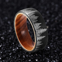 Pine Forest Tungsten Carbide Ring with Whisky Barrel Wood Inlay | Comfort Fit Custom Engraved Wedding & Anniversary Band