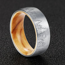 Pine Forest Tungsten Carbide Ring with Whisky Barrel Wood Inlay | Comfort Fit Custom Engraved Wedding & Anniversary Band