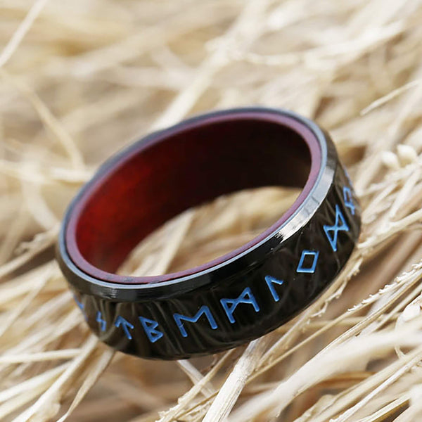 Rustic Viking Runes Rings with Solid Rosewood Inlay | Engraved Norse Runes | Retro Boho Pagan Jewelry Bands